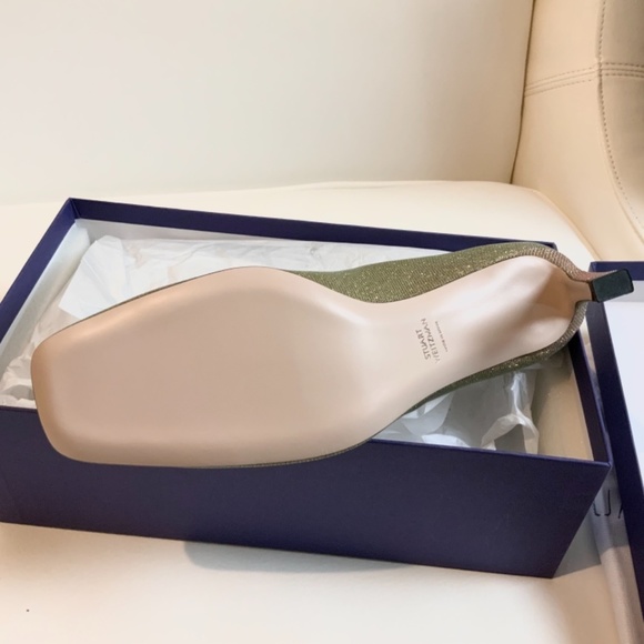 Stuart Weitzman Chelsea Gold Heel Pump Square Toe Dress Evening Fashion Shoe 8.5 - Picture 8 of 12